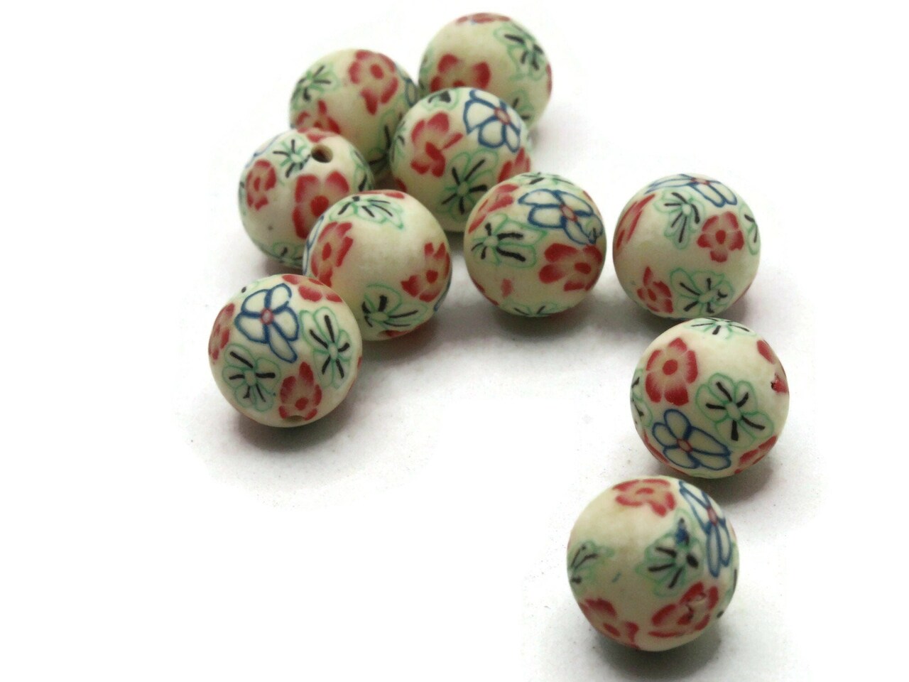 10 12mm Yellow Red and Green Polymer Clay Round Floral Beads
